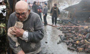 大火夺走了老人的一切，他抱着火场中救出的猫咪痛哭，心疼