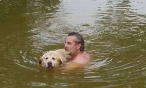 年迈的狗狗想下水玩，主人就这么在水里抱着它...