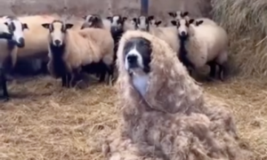 主人让狗狗披着羊毛供暖，边上的群羊要看呆了，披着羊皮的狗？
